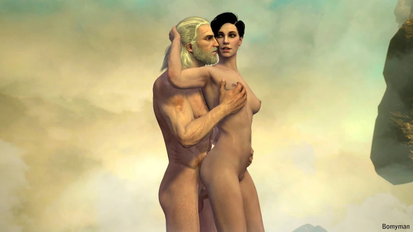 1boy 1girls 3d areolae balls black_hair bomyman breast_grab breasts cd_projekt_red doggy_style female geralt_of_rivia green_eyes hand_on_head looking_at_partner looking_back nipples penis princess royalty standing syanna the_witcher the_witcher_(series) the_witcher_2 the_witcher_3:_wild_hunt white_hair yellow_eyes