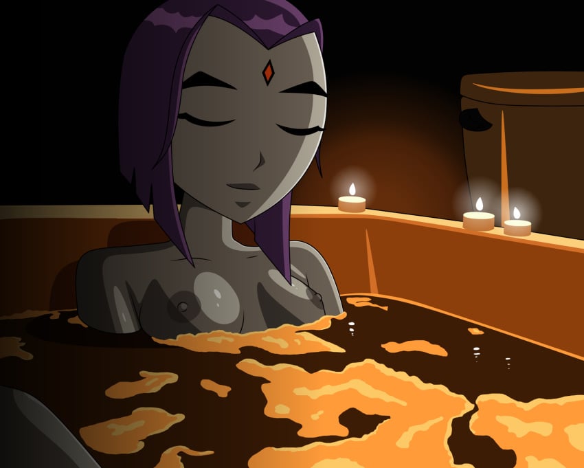 accurate_art_style bathroom bathtub breasts candle cartoon_network dc dc_comics demon_girl eyes_closed female forehead_jewel grey_skin medium_breasts naked nipples purple_hair rachel_roth randomrandom raven_(dc) short_hair showering sitting_down smiling smooth_skin solo teen_titans water