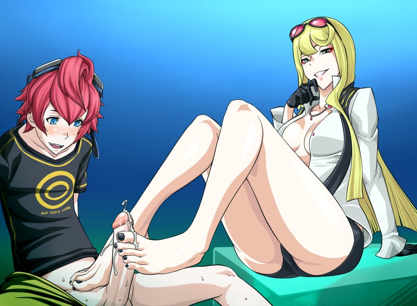 1boy barefoot blonde_hair cum cum_on_feet digimon digimon_story digimon_story:_cyber_sleuth eyewear_on_head feet female footjob gloves goggles highres human kyouko_kuremi legs male_protagonist penis rankerhen scarf smile sunglasses sunglasses_on_head takumi_aiba toenail_polish toes uncensored