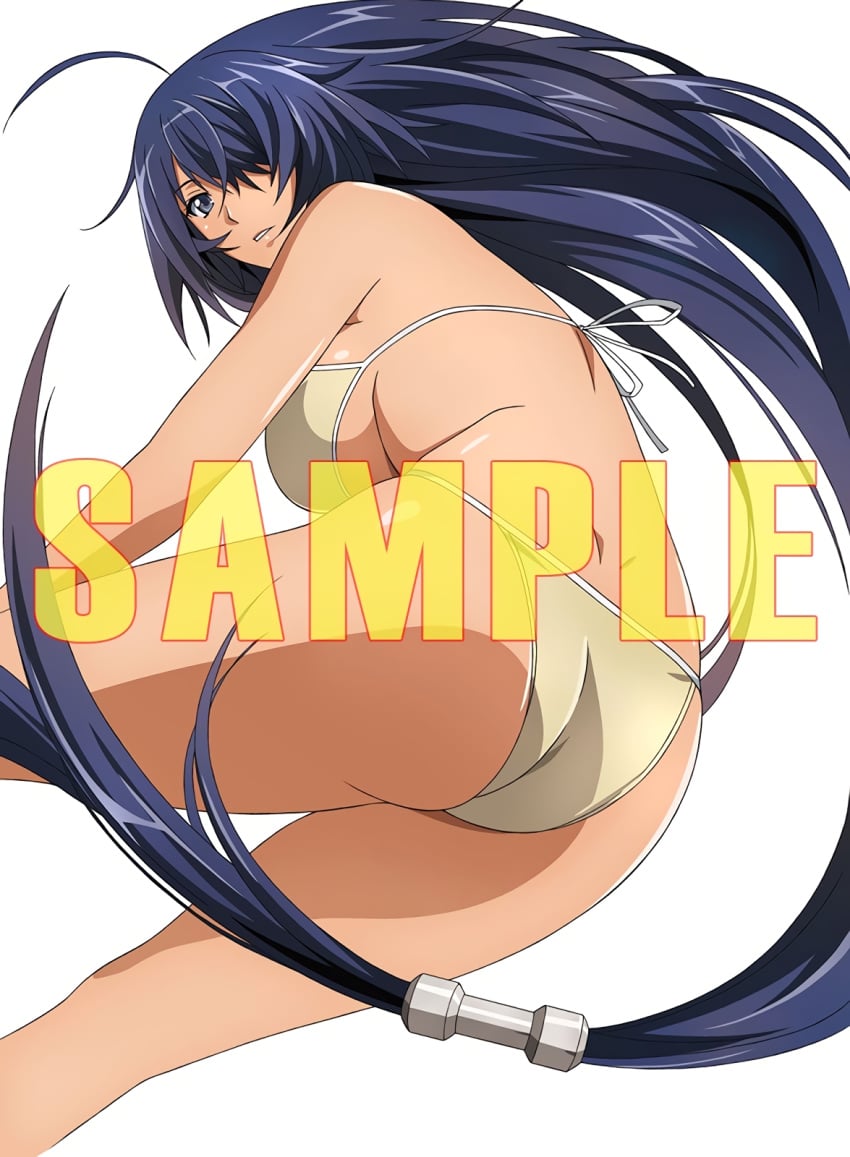 ass back bra breasts female hair_over_one_eye highres ikkitousen kanu_unchou large_breasts long_hair looking_at_viewer official_art panties purple_hair sample solo underboob underwear very_long_hair