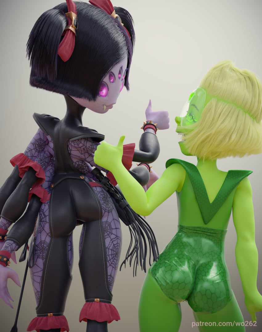 2girls 3d 5_eyes 6_arms ass ass_focus back_view black_hair blender_(software) cartoon_network crossover duo duo_female female female_only gem_(species) green_skin muffet muffet_(wo262) multi_arm multi_limb peridot_(steven_universe) peridot_(wo262) purple_eyes purple_skin spider_girl spider_humanoid steven_universe thumbs_up toby_fox undertale video_games wo262 yellow_hair