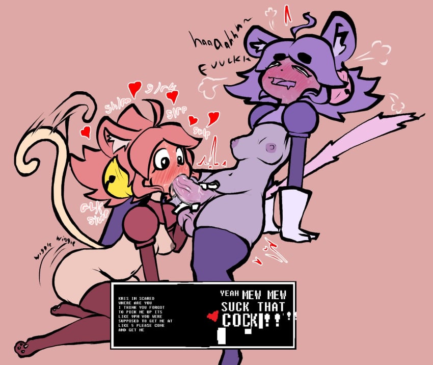 1futa 2girls ahoge blowjob blush blushing cat_ears cat_tail catgirl deltarune deltarune_chapter_5 dickgirl dual_persona english english_text fellatio futa futanari ghost ghost_girl girl_on_futa gloves hair_bell hair_ornament heart_symbol herm hermaphrodite holding_penis irritable_ghost_(deltarune) lesbian mad_dummy mad_mew_mew on_knees paw_socks pink_hair purple_body purple_hair selfcest steadmondslick stockings tail_wagging text thick_eyebrows thighhighs trans_woman transfem undertale wagging_tail