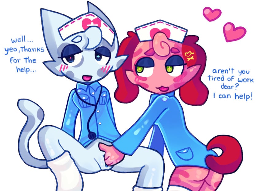 2girls animal_hospital anthro blushing bottomless_female butt cat_ears cat_tail dog_ears dog_tail fingering fingering_partner fingering_pussy furry head_nurse_(animal_hospital) hearts_around_head helping kottiechii lesbian looking_at_another looking_away nurse_(animal_hospital) nurse_hat nurse_uniform roblox roblox_game self_upload spread_legs tagme wet_fingers yuri
