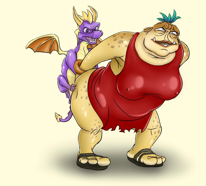 arms_behind_back ass ass_grab big_ass big_belly big_breasts big_butt big_nipples blue_hair brown_skin chubby dragon dress ear_piercing fat_lady_(spyro) female frog from_behind gnorc hanging_breasts huge_ass humanoid lizard male monster monster_girl partially_clothed pink_skin purple_eyes purple_skin red_clothing red_dress sagging_breasts sex spyro spyro_reignited_trilogy spyro_the_dragon straight stupid troll ugly vaginal_penetration