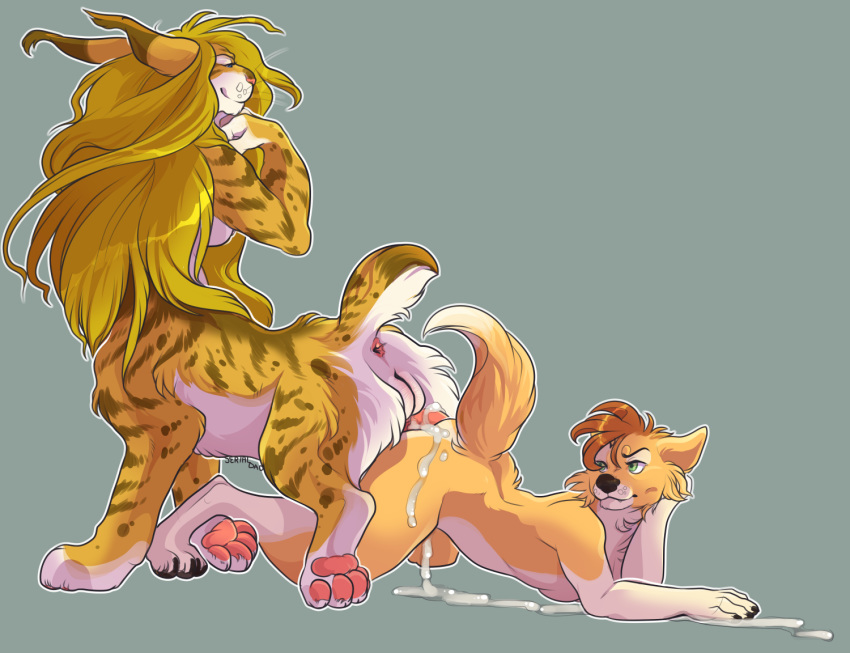 anthro anthro_on_taur anus black_nose blonde_hair breasts brown_hair cum duo felid feline fur futanari green_eyes hair herm intersex knotting lynx mammal nude pawpads pink_nose serialdad sex shorttail simple_background smile tan_fur taur