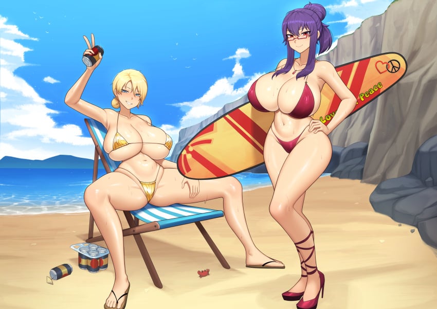 beach beach_background beer beer_can beer_cans bikini blonde_hair blue_eyes breasts chikaretsu closers commission commissioner_upload crossover decal decals flip_flops glasses gold_bikini hand_on_hip harpy_(closers) heels hi_res high_quality large_breasts love mole_on_breast mole_under_eye peace_symbol png purple_hair real_world_location red_eyes revealing_outfit rin_(senran_kagura) senran_kagura spread_legs surfboard suzune_(senran_kagura) sweat teacher thick thick_thighs wet