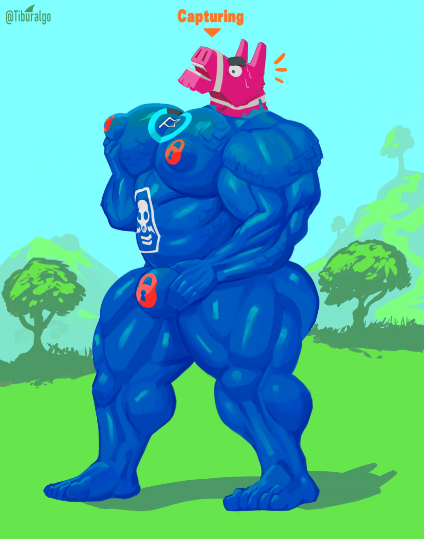 abs animate_inanimate anthro bandaged_neck big_muscles big_nipples big_pecs blue_bodysuit bodily_fluids bulge camelid clothing drone dronesuit ears_up epic_games fortnite fur hand_on_bulge hand_on_pecs hi_res landscape_background living_pinata llama lt._john_llama male mammal muscular muscular_male nervous nipple_outline nipples null_bulge pecs pinata pink_body pink_fur rubber rubber_clothing rubber_fetish rubber_suit solo sweat tiburalgo wool_(fur)