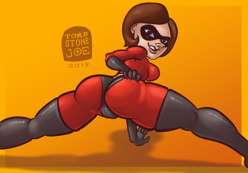 1girls 2019 arm_support ass ass_grab back_view big_ass black_eyes bodysuit border breasts brown_hair cameltoe clothed dat_ass dated disney domino_mask elastigirl elbow_gloves female female_only flexible gloves hand_on_ass helen_parr human latex looking_at_viewer looking_back mask medium_breasts milf orange_background pixar short_hair sideboob smile smooth_skin solo splits the_incredibles thick_thighs thighhighs tombstonejoe watermark