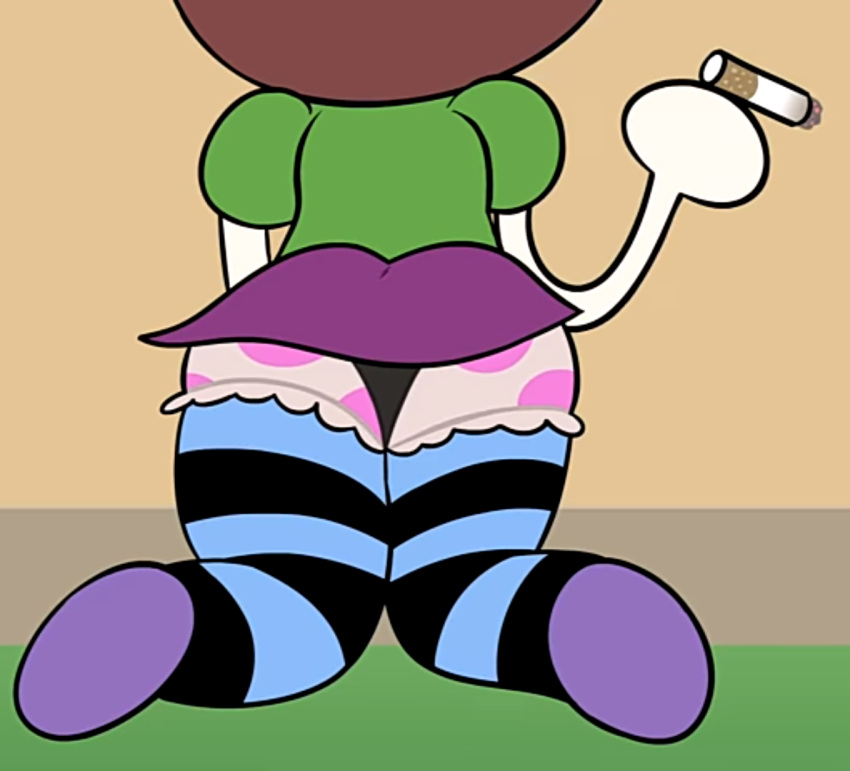 1female 1girls afroninja360 animal_crossing ass ass bloomers_(victorian) cigarette female holding holding_cigarette holding_object nintendo polka_dot polka_dots skirt smoking smoking_cigarette thigh_highs thighhighs villager_(animal_crossing) youtube_source