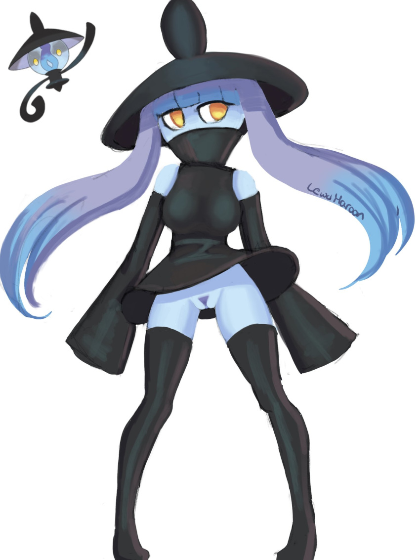 1girls artist_name bangs bare_shoulders black_dress black_hat black_legwear blue_hair blue_skin blunt_bangs breasts casual_exposure detached_sleeves dress female full_body game_freak ghost gradient_hair hat highres jpeg_artifacts lampent long_hair looking_to_the_side medium_breasts mezmaroon moemon multicolored_hair nintendo no_humans no_panties orange_eyes personification pigeon-toed pokemon pokemon_(species) pokemon_bw pubic_hair purple_hair pussy signature simple_background sleeveless sleeveless_dress sleeves_past_fingers sleeves_past_wrists solo standing text thighhighs turtleneck uncensored watermark white_background