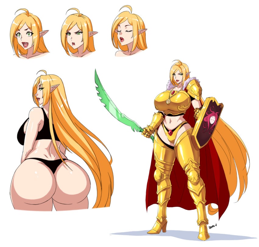 ahoge angry annoyed armor artist_name bare_midriff bedroom_eyes big_ass bikini_armor black_panties blonde_hair blowing_kiss breastplate breasts bubble_ass cape curvy dat_ass devil-v dimples_of_venus elf female female_only footwear full_body gauntlets gold_armor greaves green_eyes handwear highres holding_sword holding_weapon holding_wepon kissy_face knight large_breasts long_hair looking_back mantle midriff navel original pauldrons pointy_ears presenting_hindquarters puffed_cheeks rear_view red_cape red_lips red_lipstick round_ass scimitar shield shoulder_armor shoulder_pads signature solo surprised sword tank_top thick_thighs thigh_boots thighhigh_boots thong unconvincing_armor very_long_hair warrior weapon