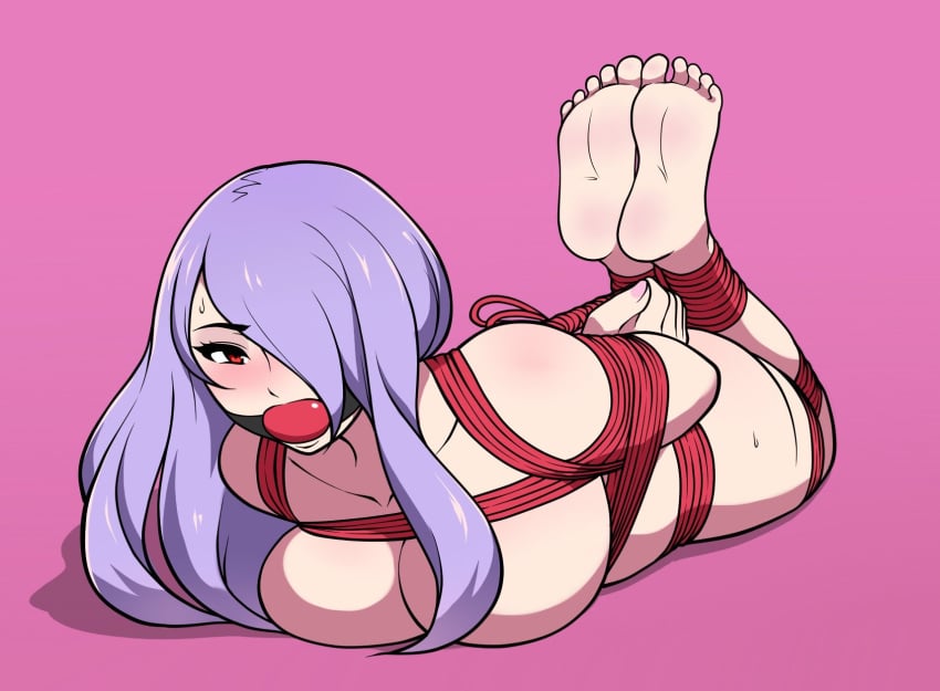 arms_behind_back ball_gag bondage bound bound_ankles bound_arms bound_legs breast_press breasts camilla_(fire_emblem) female femsub fire_emblem fire_emblem_fates gag gagged hair_over_one_eye hogtie huge_breasts jam-orbital naked_hogtie nude on_stomach purple_hair red_ball_gag rope rope_bondage solo solo_focus tied_up