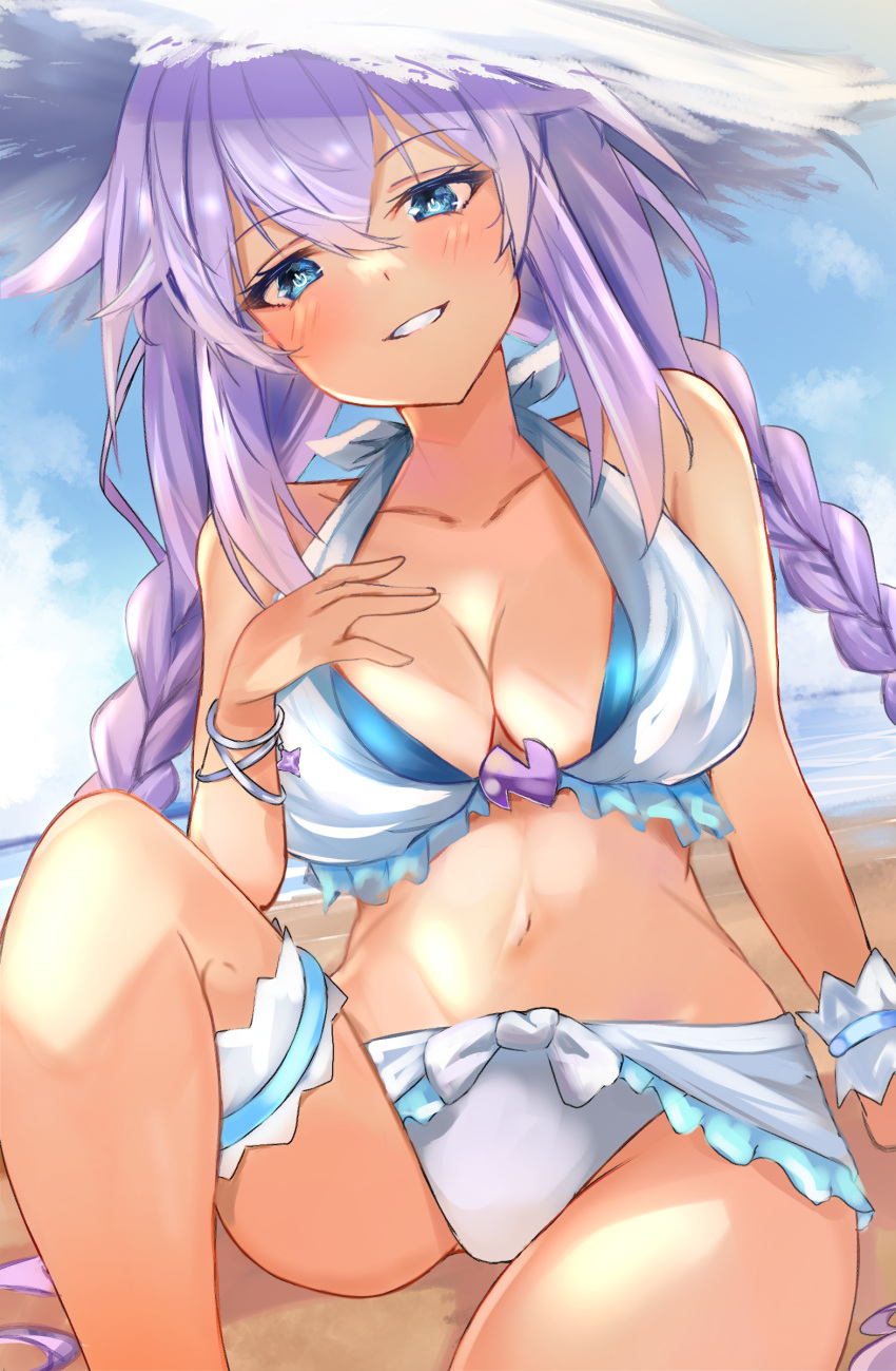 beach bimmy blue_eyes blush breasts cleavage front_view goddess light-skinned_female long_hair looking_at_viewer neptune_(neptunia) neptunia_(series) panties purple_hair purple_heart_(neptunia) sitting smile solo thighs twintails