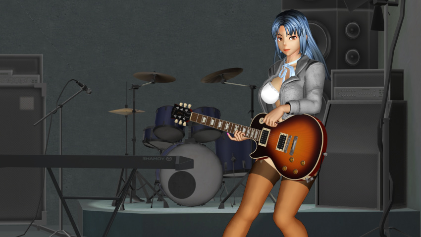 1girls 3d blue_hair bra brown_eyes female female_only guitar jacket looking_at_viewer necklace solo solo_focus stockings z375