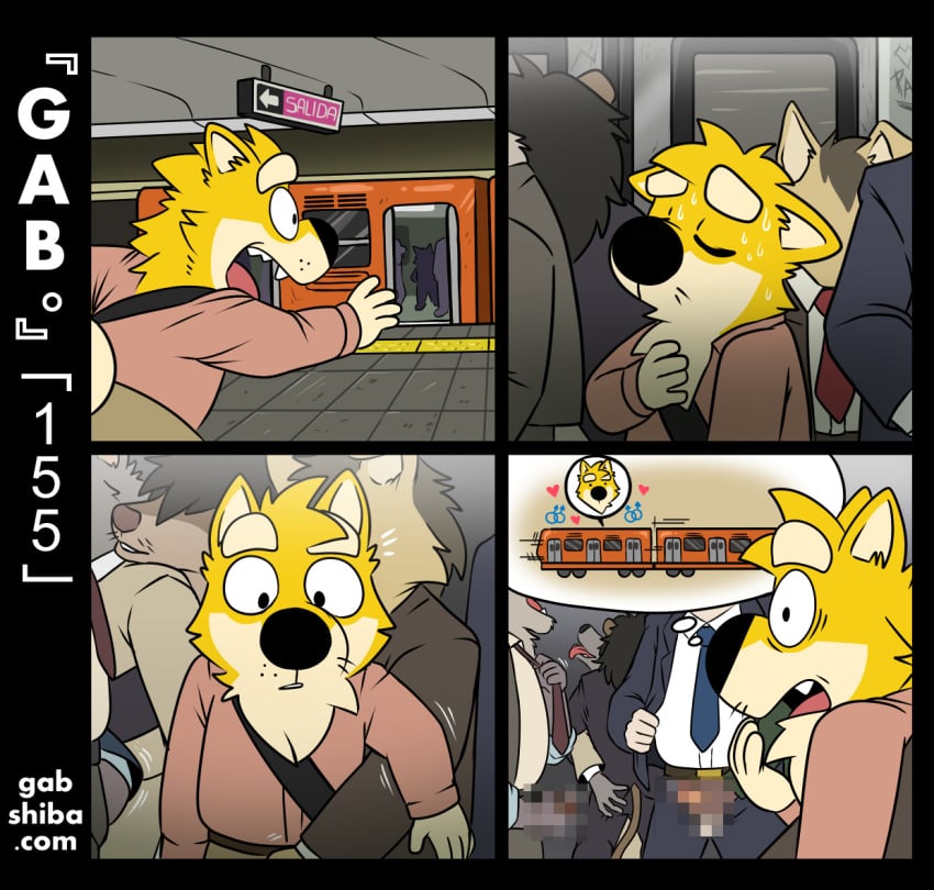 anthro ass bottomwear butt_grab canid canine canis censored clothed clothing comic crowd domestic_dog fur gab_shiba gabshiba gender_symbol group hand_on_butt male male/male mammal necktie open_bottomwear open_clothing open_pants pants partially_clothed pixelated public_exposure public_transportation running scared sexuality_symbol shiba_inu spitz subway subway_station symbol thought_bubble unknown_species yellow_body yellow_fur ♂ ⚣