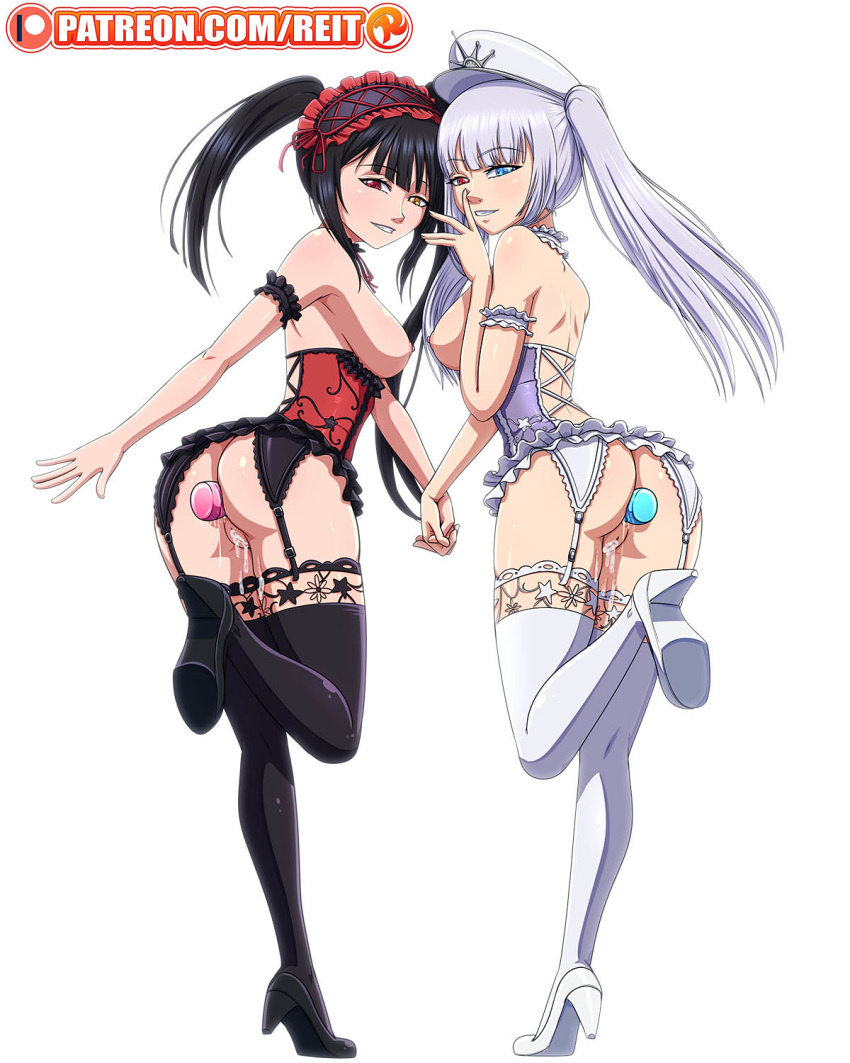 2girls anal anal_dildo anal_insertion big_ass big_breasts black_hair cum cum_in_pussy cum_inside date_a_live date_a_live:_date_a_bullet dildo hat high_heels innie_pussy lace lace-trimmed_thighhighs lingerie looking_at_viewer looking_back multiple_girls one_leg_up patreon pussy reit smiling stockings tokisaki_kurumi twintails white_hair white_queen_(date_a_live)