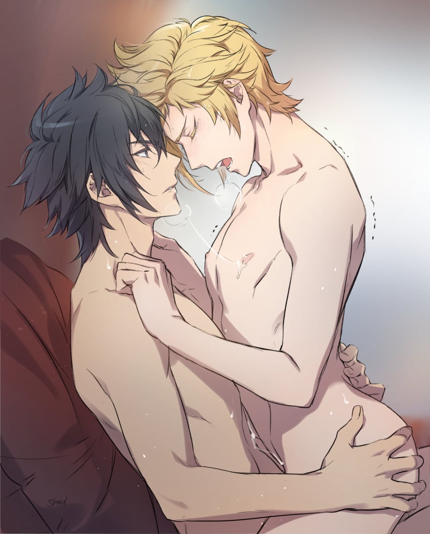 2boys anal ass_grab black_hair blonde_hair blush closed_eyes couple cum duo eyebrows_visible_through_hair final_fantasy final_fantasy_xv head_down highres looking_at_another male male_focus male_only moaning moaning_in_pleasure multiple_boys multiple_males neck nipples noctis_lucis_caelum nude open_mouth parted_lips penetration prompto_argentum serious sex short_hair sitting sitting_on_person square_enix yaoi zehel_az