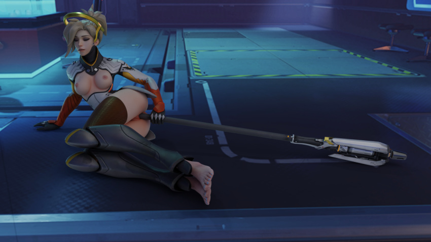 1girls 3d barefoot blonde_hair breasts feet female female_only masturbation mercy overwatch solo vaginal_object_insertion vaginal_penetration whai3d