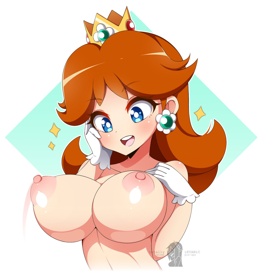 1girls alternate_breast_size big_breasts bimbo blue_eyes blush breast_focus breasts brown_hair busty crown ear_piercing earrings eyelashes female female_only gloves huge_breasts iryanic large_breasts looking_at_breasts looking_down mario_(series) nintendo nipples open_mouth princess_daisy simple_background smile solo staring_at_breasts white_background white_gloves