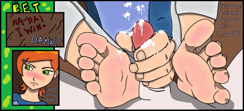1boy 1girls barefoot ben_10 bet blush cum cum_on_clothes cum_on_feet cum_on_hand cumming feet female foot_fetish gwen_tennyson handjob male penis shy soles text toes zeus99234