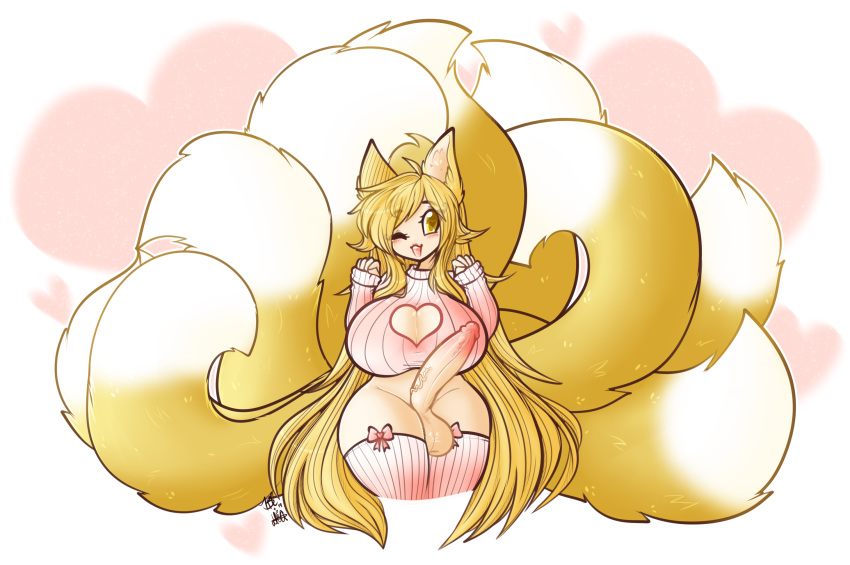 1futa animal_humanoid balls big_balls big_breasts big_penis blonde_hair blush breasts canid canid_humanoid canine canine_humanoid clothing dickgirl ear_tuft erection fluffy fluffy_tail fox fox_humanoid fuki futanari gradient_background hair horny huge_breasts humanoid intersex kitsune legwear long_hair long_tail looking_at_viewer mammal mostly_nude multi_tail open_mouth penis simple_background socks solo sweater tehbuttercookie tuft vein veiny_penis wide_hips yellow_eyes