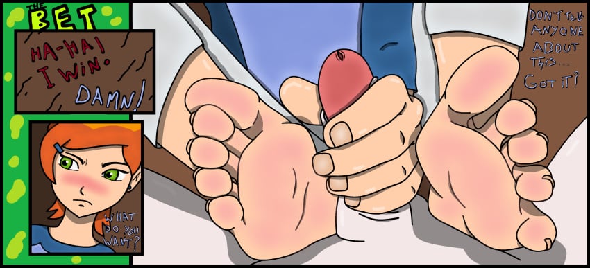 1boy 1girls barefoot ben_10 bet blush feet female foot_fetish footjob gwen_tennyson handjob male penis shy soles text toes zeus99234