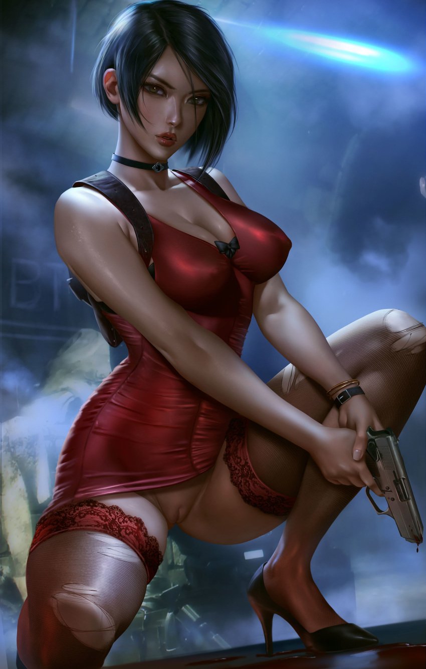 1girls absurdres ada_wong ada_wong_(adriana) asian black_hair blood bottomless breasts brown_eyes capcom cleavage dress female female_only firearm footwear going_commando gun handgun harness high_heels highres logan_cure looking_at_viewer neckwear nipple_bulge no_panties posing pussy resident_evil resident_evil_2 resident_evil_2_remake shaved_pussy short_hair solo thighhighs torn_thighhighs uncensored weapon