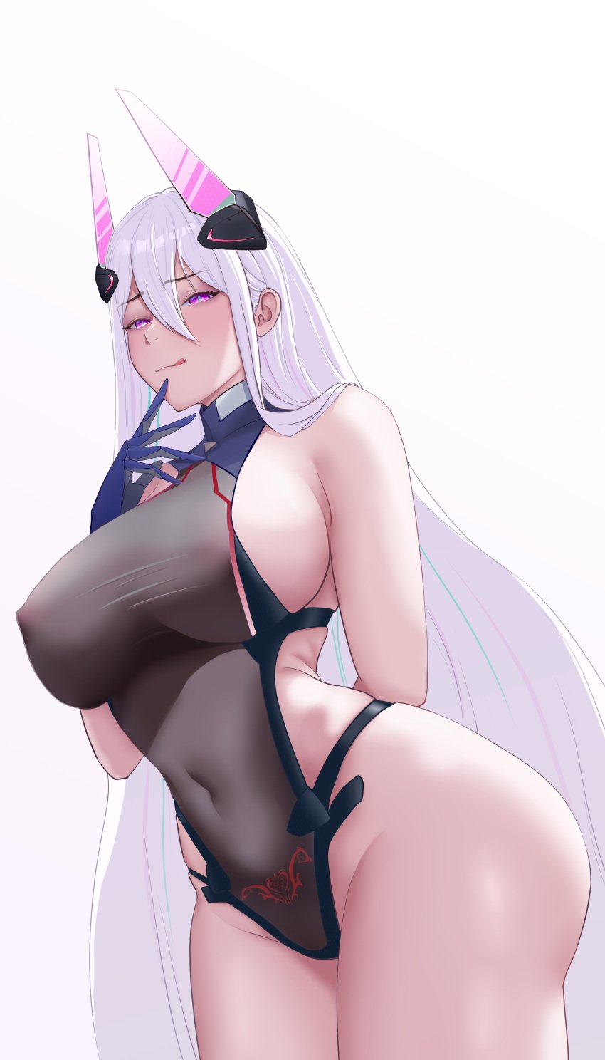 1girls :q absurdres arm_behind_back azur_lane black_leotard blue_gloves blue_pupils breasts corruption covered_navel covered_nipples cowboy_shot female female_only gloves hair_between_eyes headgear highres kearsarge_(azur_lane) large_breasts leotard long_hair orchery pubic_tattoo purple_eyes sideboob simple_background solo tattoo tongue tongue_out very_long_hair white_background white_hair