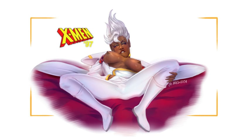 bewzta big_breasts breasts_out comics costume ebony fanart female_only hentai_foundry knees_up laying_down marvel marvel_comics masturbating_under_clothes masturbation mutant orgasm_face ororo_munroe partially_clothed reclining_on_bed solo_female spread_legs storm_(x-men) superheroine tits_out white_hair woman_only x-men x-men_97