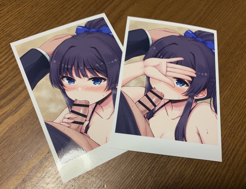 1boy bar_censor black_hair blue_bow blue_eyes blush bow breasts breath censored cleavage collarbone commentary_request covering_own_eyes ear_blush fellatio female hairbow hand_on_another's_head idolmaster idolmaster_million_live! lockheart looking_at_viewer mogami_shizuka oral penis penis_grab photo_(medium) photo_(object) producer_(idolmaster) sidelocks straight sweat