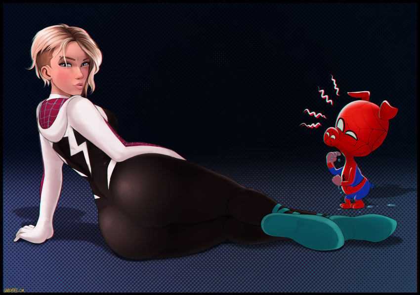 1boy 1girls animal anthro ass ass_focus back_view blonde_hair blue_eyes blush bodysuit clothing costume disney edit eyebrow_piercing female freckles gwen_stacy gwen_stacy_(spider-verse) huge_ass human large_ass laying_down lips looking_at_another looking_at_viewer male marvel marvel_comics on_side peter_porker piercing pig saliva saliva_puddle shadman short_hair skin_tight spider-gwen spider-ham spider-man:_into_the_spider-verse spider-man_(series) thick_thighs tomboy undercut