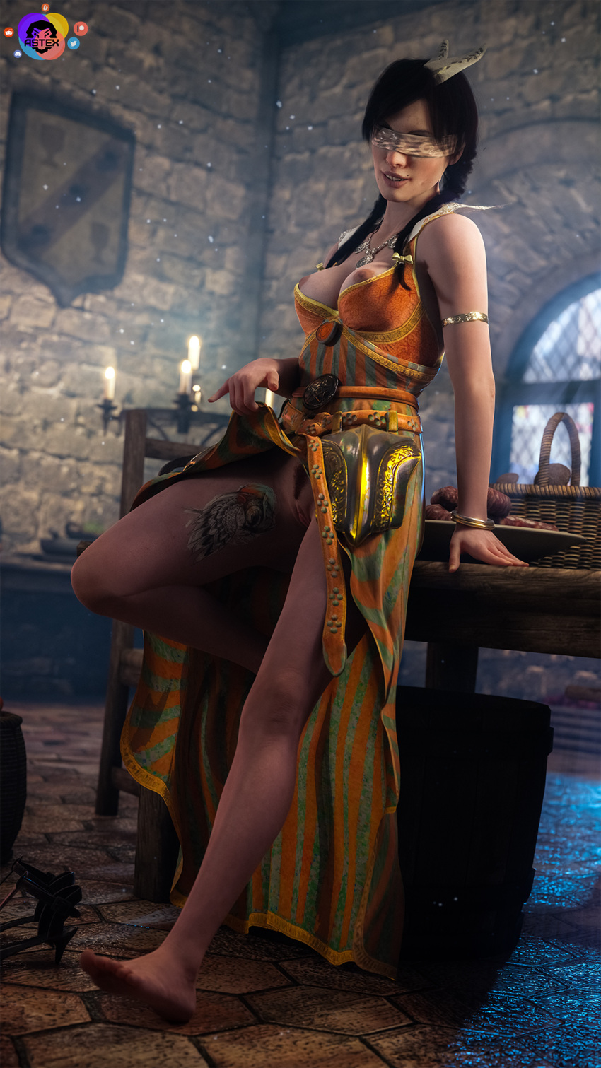 1girls 3d astex blind blindfold breasts breasts_out dark_hair dress feet female female_only flashing flashing_pussy lifting_dress mole philippa_eilhart pubic_hair pussy smiling solo solo_female teasing the_witcher_(series) toes twintails