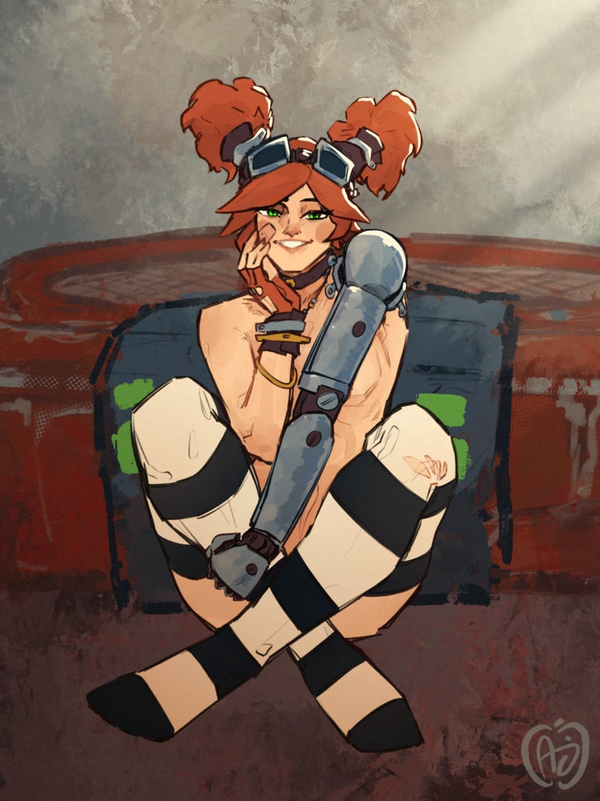 1girls applesauce_jack borderlands borderlands_2 crossed_legs fingerless_gloves gaige_(borderlands) goggles goggles_on_head green_eyes mostly_nude red_hair robotic_arm smiling striped_legwear thighhighs twintails