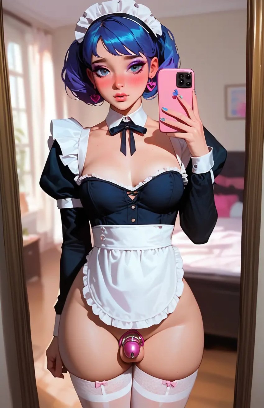 2d ai_generated chastity_cage femboy feminization maid_uniform mirror selfie sissy wide_hips