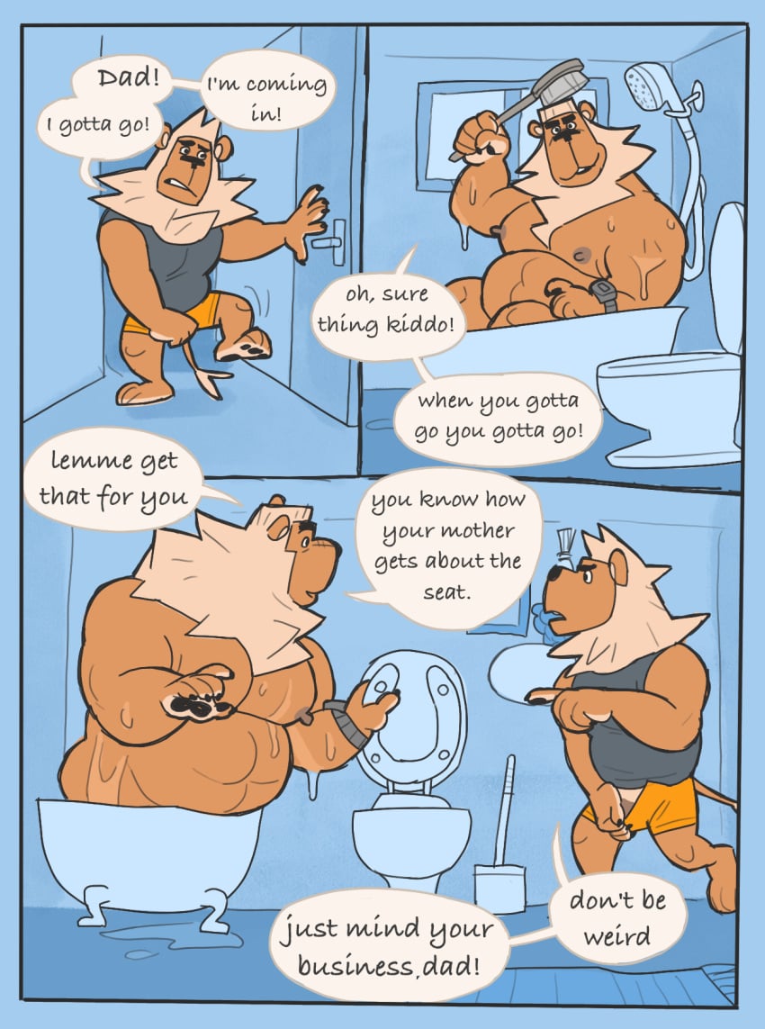 anthro balls bathroom bathtub bulge bunbunny_(artist) comic father_and_son feline flaccid furry lion lion_boy male male/male male_only nude penis smallsrabbit speech_bubble toilet