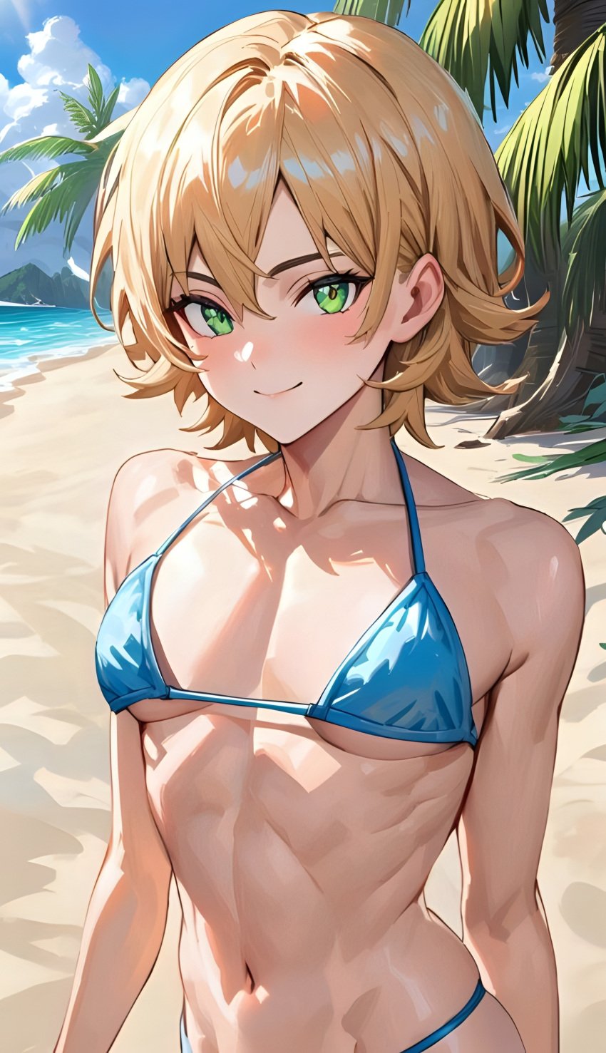 1boy 1femboy ai_generated beach bikini blonde_hair crossdressing crossdressing_male cute_boy cute_male femboy feminine_male girly girly_boy green_eyes light-skinned_femboy light-skinned_male light_skin looking_at_viewer male male_focus male_only micro_bikini myaim original_character otoko_no_ko otokonoko pale-skinned_femboy pale-skinned_male pale_skin sissy skinny skinny_male solo solo_femboy solo_focus solo_male tagme trees