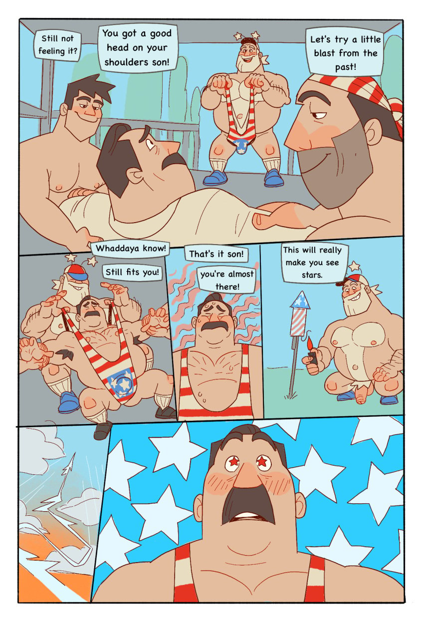 4th_of_july balls beard body_hair bulge bunbunny_(artist) comic facial_hair father_and_son fireworks flaccid gay group_sex incest male male/male male_only mind_control nude outdoor_sex penis smallsrabbit speech_bubble