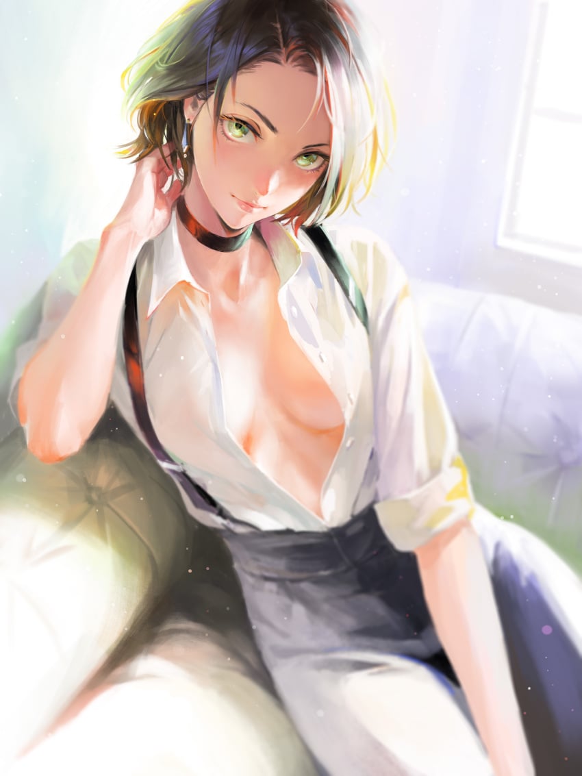 1girls absurd_res arata_yokoyama blouse breasts choker cleavage collared_blouse collared_shirt color earrings eyelashes eyeliner female female_only green_eyes hi_res lipstick makeup medium_breasts nababa painting_(artwork) shirt short_hair suspenders