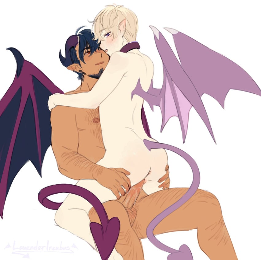 2boys arm_hair beard blonde_hair chest_hair cuntboy cuntboy_with_male demon_boy demon_tail demon_wings erection facial_hair highres horns leg_hair multiple_boys original purple_eyes red_eyes roarke_(lavenderincubus) sex simple_background straddling tail uncensored vaginal_penetration white_background wings