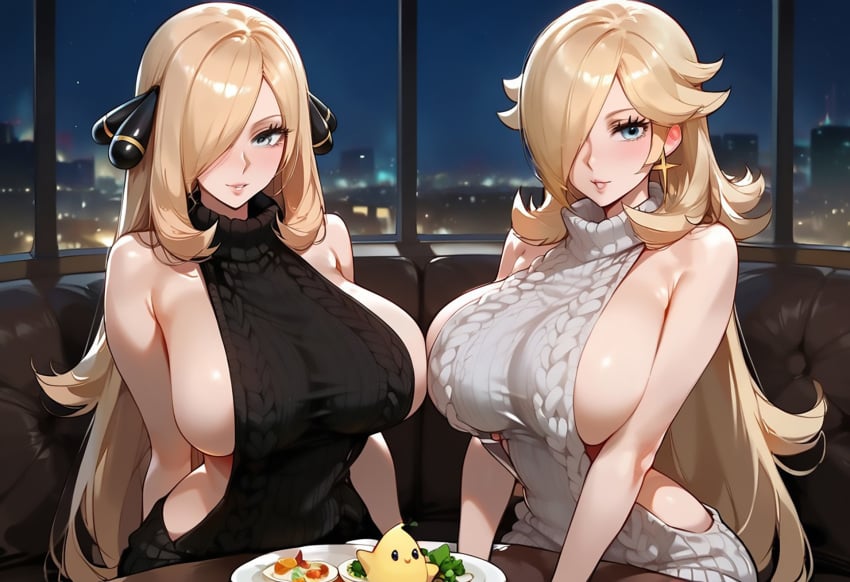 2girls ai_generated aiartf4 animal_print blonde_female blonde_hair blonde_hair blonde_hair_female blue_eyes breasts breasts_out curvy curvy_body curvy_female cynthia_(pokemon) female female_only gray_eyes mario_(series) pokemon pokemon_dppt princess_rosalina virgin_killer_sweater