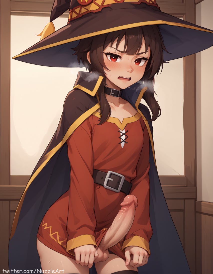 1futa ai_generated annoyed artist_name bandages bangs belt black_belt black_legwear blush blushing brown_hair cape collar dress erect_penis erection eyebrows_visible_through_hair futa_only futa_sans_pussy futanari hat highres huge_cock indoors kono_subarashii_sekai_ni_shukufuku_wo! looking_at_viewer megumin nuzzleart open_mouth penis red_dress red_eyes short_hair_with_long_locks small_breasts solo stable_diffusion sweat teeth thighhighs witch_hat