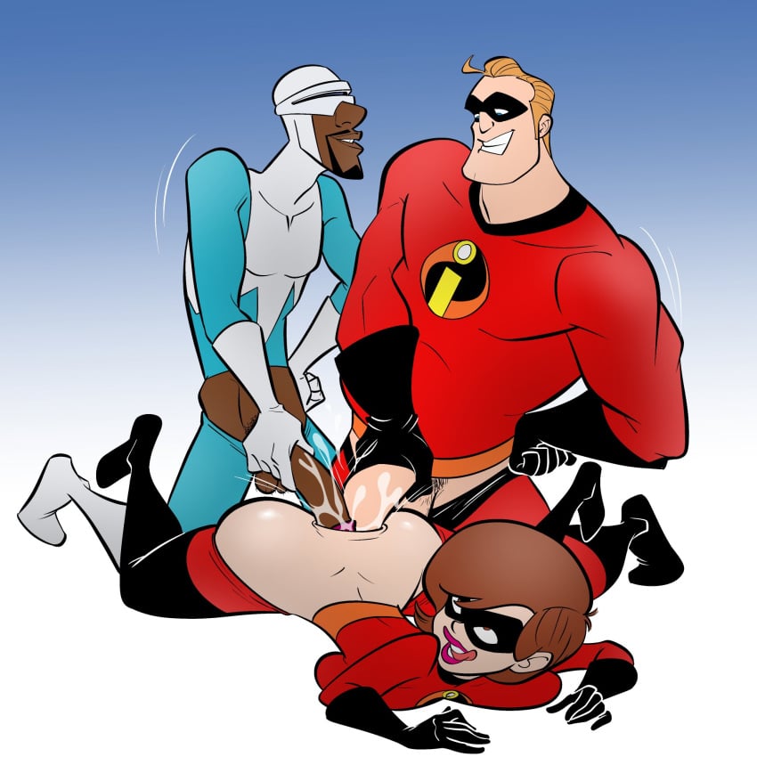 1girls 2boys anal anal_sex ass big_penis blonde_hair brown_hair clothing costume cum cum_in_anus dark-skinned_male dark_skin dark_skinned_male disney ejaculation elastigirl female frozone genitals helen_parr human human_on_human light-skinned_female light-skinned_male light_skin male male/female markkleanup mmf_threesome open_mouth penis penis_in_anus pixar red_outfit robert_parr sex straight straight_sex superhero the_incredibles threesome