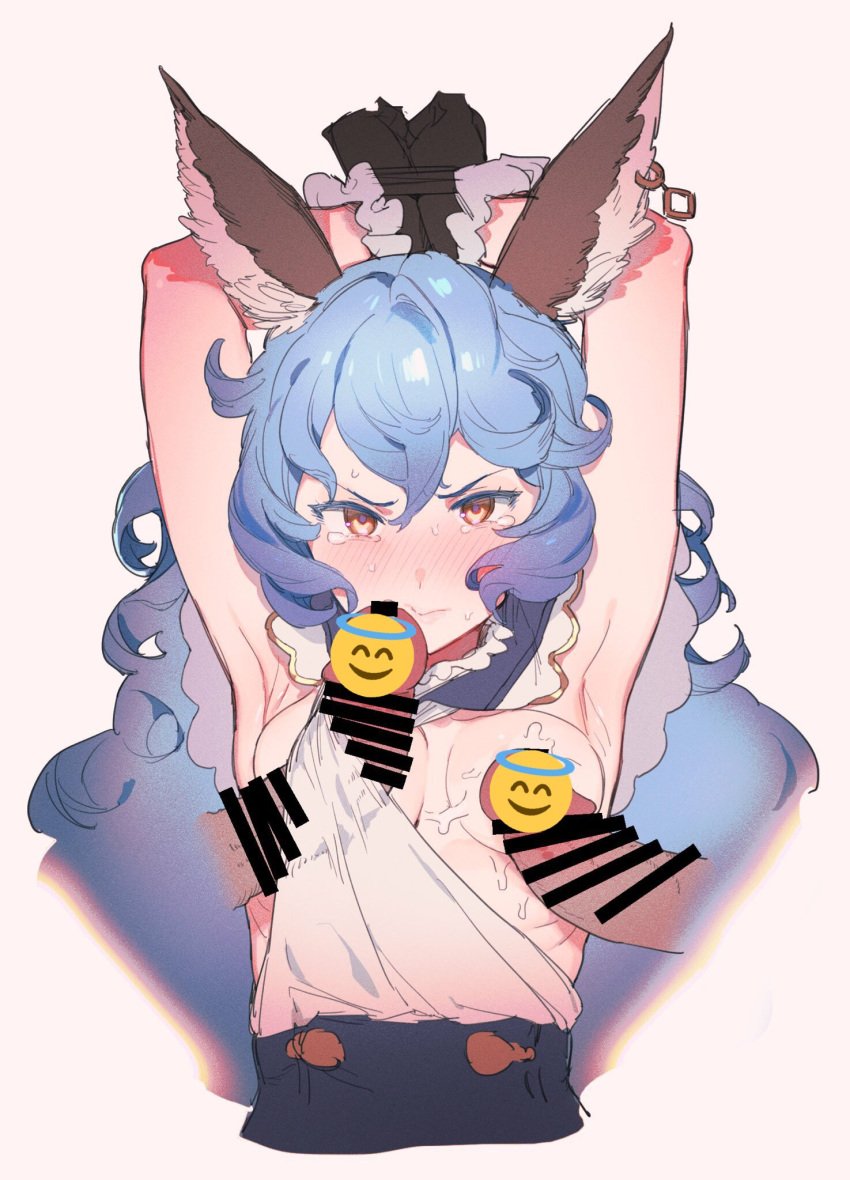 amanekuu animal_ears armpits arms_up bar_censor black_gloves blue_hair blush bound bound_wrists breasts brown_gloves bunny_ears censored crying crying_with_eyes_open cum cum_on_body cum_on_breasts cum_on_upper_body erune female ferry_(granblue_fantasy) gloves granblue_fantasy highres penis penis_on_face penis_under_clothes sideboob small_breasts tears wavy_hair