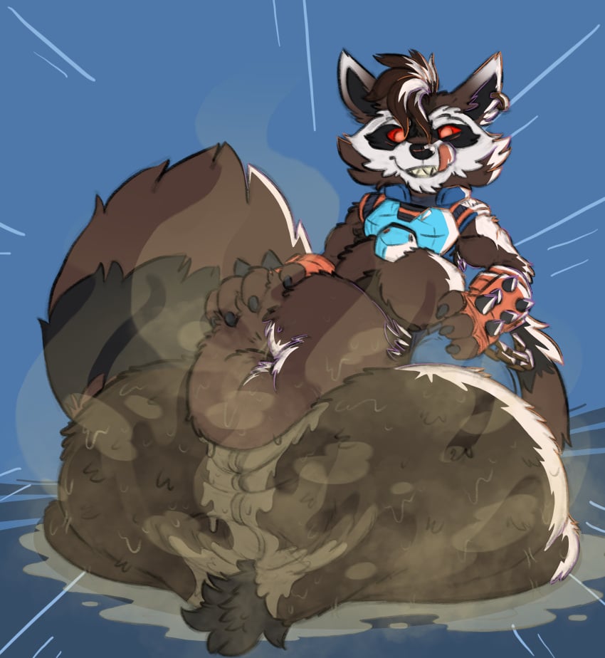 absurd_res animal_genitalia anthro arm_guards armor ball_fur ball_squish ball_tuft balls belly big_balls big_belly big_sheath big_tail black_claws bodily_fluids brown_body brown_fur claws facial_markings fur genitals guardians_of_the_galaxy hand_on_hip hand_on_sheath head_markings hi_res huge_balls huge_belly huge_sheath huge_tail hyper hyper_balls hyper_genitalia hyper_sheath impact_lines licking licking_lips male mammal markings marvel mask_(marking) min_(artist) musk musk_clouds pose procyonid pubes raccoon rocket_raccoon sheath smelly smile smiling_at_viewer solo squish striped_markings striped_tail stripes sweat sweat_pool tail tail_markings tongue tongue_out tuft white_body white_fur