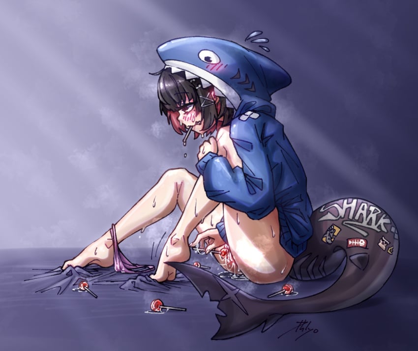 ellen_joe food lollipop_in_mouth phlyo_(phlyantrophy) pussy_juice shark_hood shark_tail