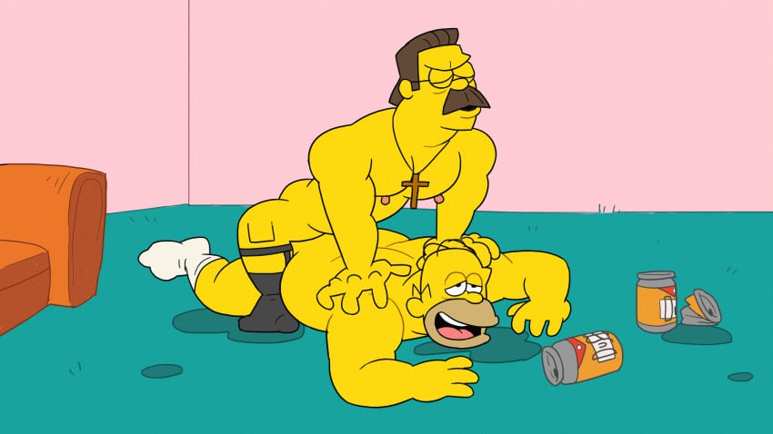 anal anal_sex animated balls boner bunbunny_(artist) cum cum_in_ass cum_inside erection facial_hair gay gif homer_simpson male male_only moustache ned_flanders nude orgasm penis sex smallsrabbit the_simpsons