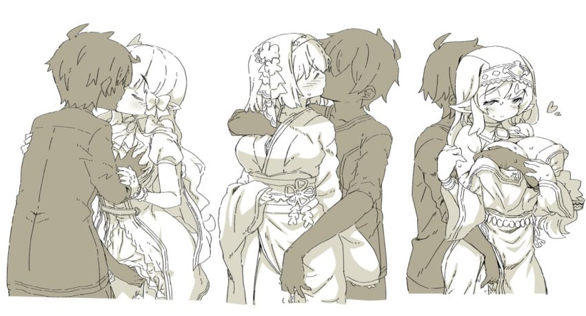 1boy 3girls blush breast_grab breasts elf elf_ears elf_female fingering hand_in_panties hand_in_pantyhose hand_in_underwear hand_on_breast harem human interspecies kiss kissing large_breasts male_human/female_elf misato_(princess_connect!) monochrome pointy_ears princess_connect! princess_connect!_re:dive saren_(princess_connect!) straight yui_(princess_connect!)