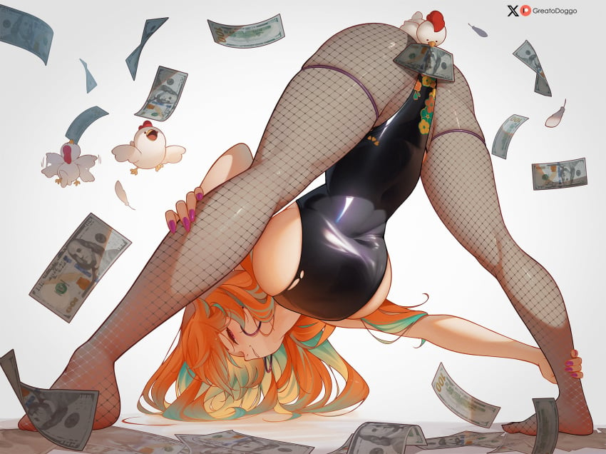 1girls ass ass_focus breasts fishnets greatodoggo green_hair hololive hololive_english hololive_myth huge_ass huge_breasts legs leotard long_hair looking_at_viewer money orange_eyes orange_hair sideboob stripper takanashi_kiara twerking virtual_youtuber