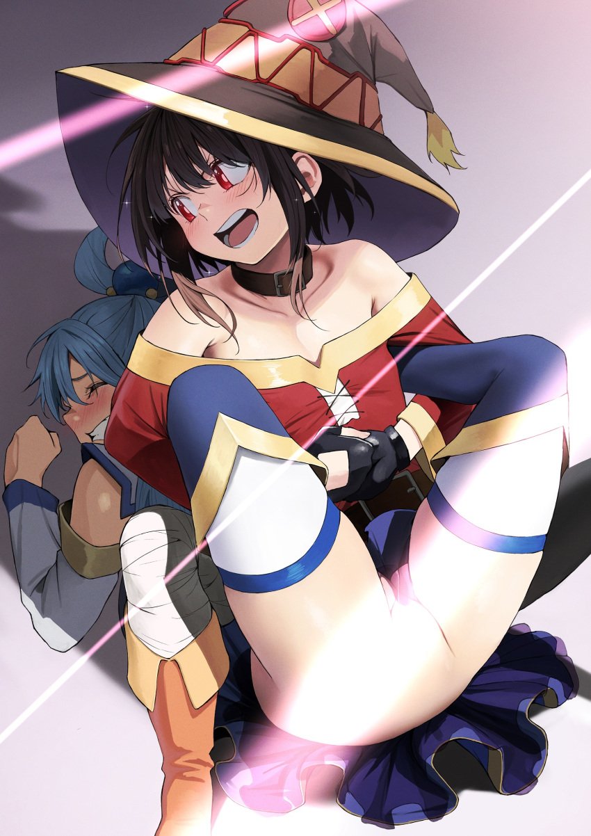 2girls aqua_(konosuba) blush bottomless camel_clutch catfight exposed_pussy female female_only izawa_(bhive003) kineluchs kono_subarashii_sekai_ni_shukufuku_wo! light_censor megumin multiple_girls sexfight submission submission_hold submissive_female thighs wrestling wrestling_femdom wrestling_ring wrestlingryona yuri