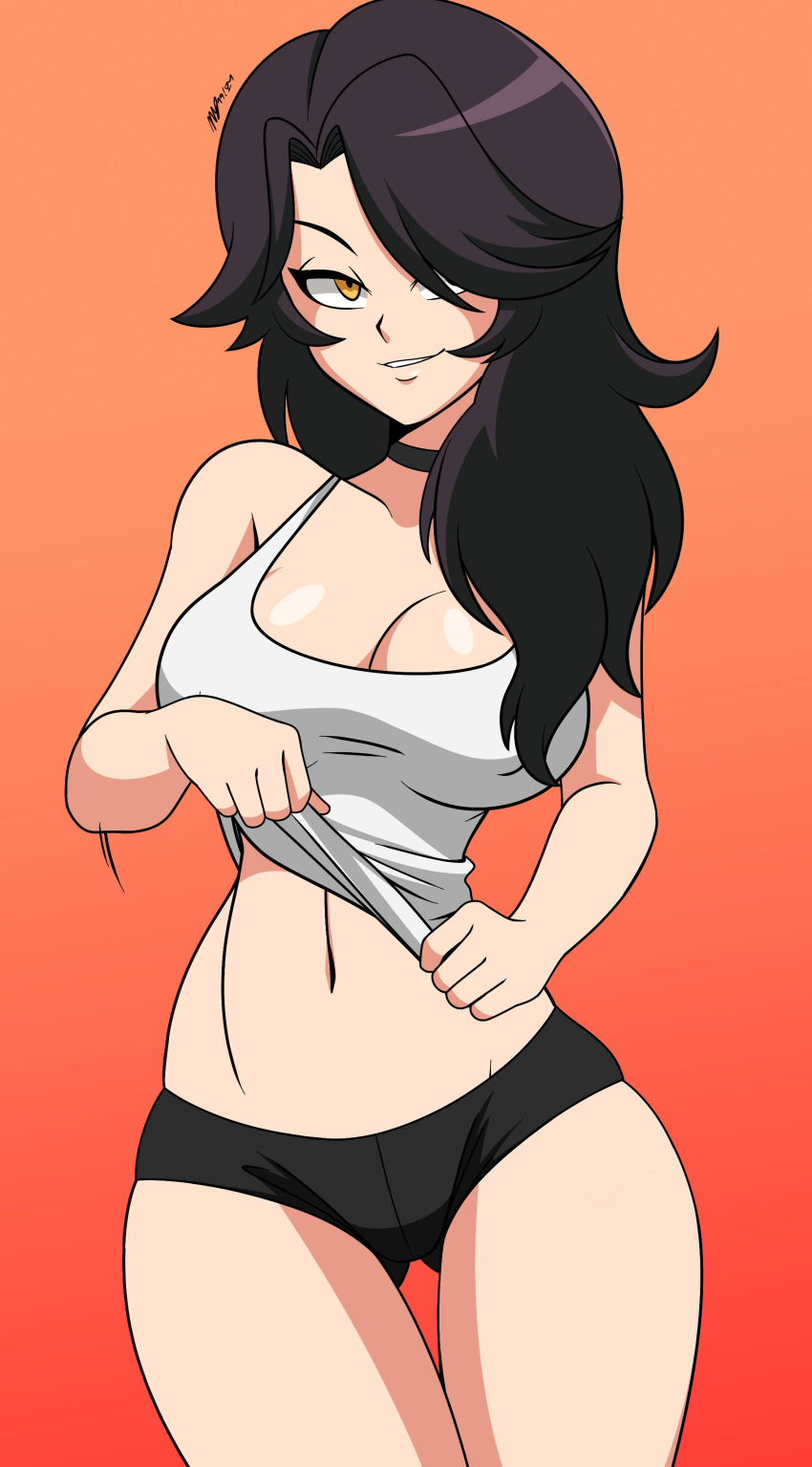 1girls bare_midriff black_hair cinder_fall female female_only long_hair mergeritter rwby shirt_lift short_shorts solo thick_thighs yellow_eyes